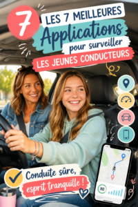 Un smartphone affichant une application de surveillance pour la conduite des adolescents, avec une image d'un jeune conducteur dans une voiture.