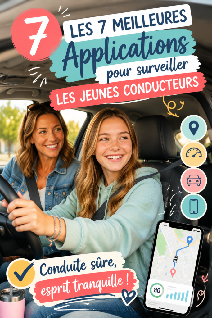 Un smartphone affichant une application de surveillance pour la conduite des adolescents, avec une image d'un jeune conducteur dans une voiture.