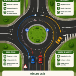 Une voiture naviguant paisiblement dans un rond-point au Royaume-Uni, illustrant la conduite sereine.