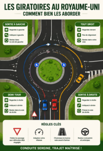 Une voiture naviguant paisiblement dans un rond-point au Royaume-Uni, illustrant la conduite sereine.
