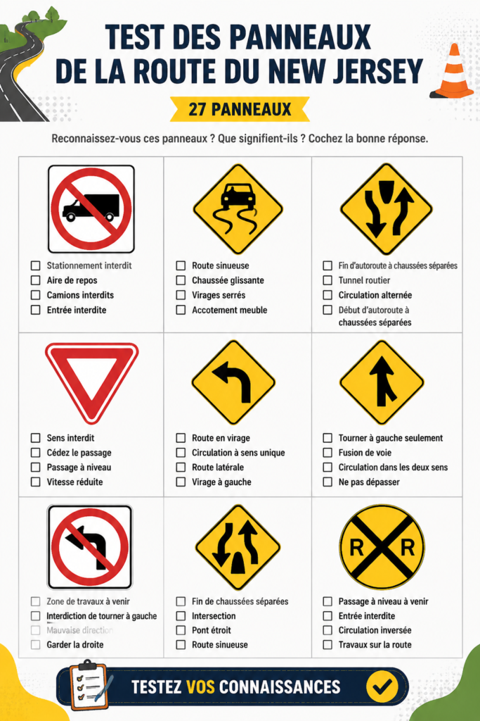 Image montrant différents panneaux de signalisation du New Jersey.