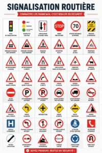 Illustration de différents types de panneaux de signalisation routière, incluant des panneaux d'interdiction et d'obligation.