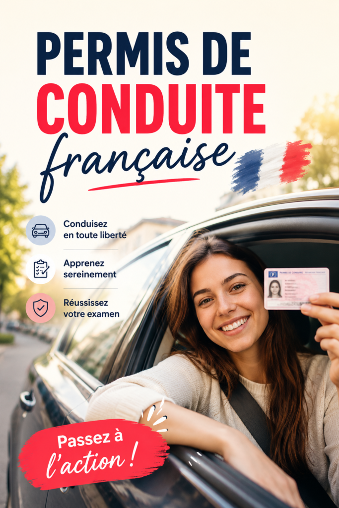 Femme souriante tenant son permis de conduire français, symbolizando la réussite.