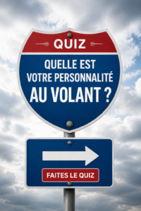 Une femme prenant un quiz sur sa personnalité de conducteur avec un sourire