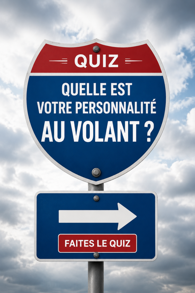 Une femme prenant un quiz sur sa personnalité de conducteur avec un sourire