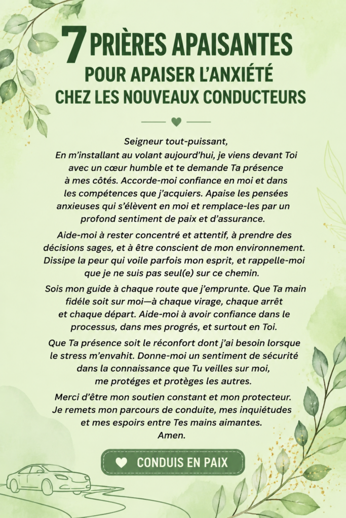 Une femme tenant son volant avec sérénité en priant pour apaiser son anxiété au volant.