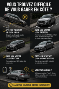 Femme garée en toute sécurité en pente avec une technique de stationnement efficace.
