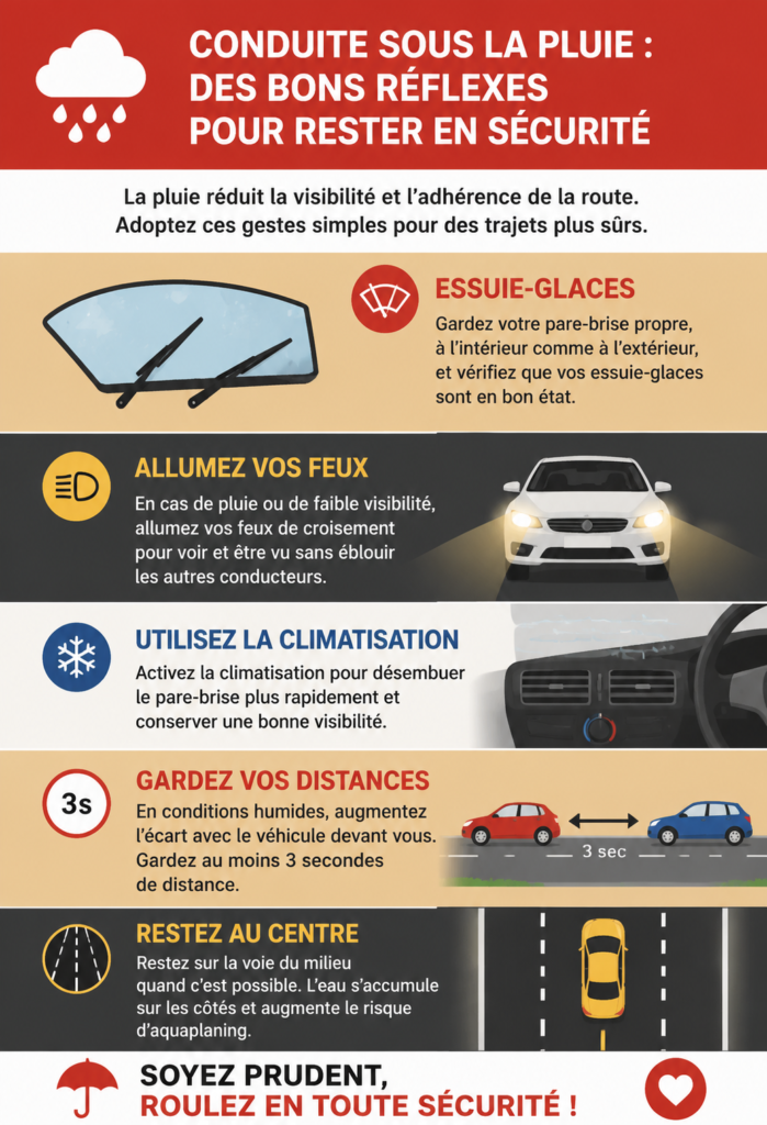 Une femme conduisant prudemment son véhicule sous une pluie battante sur une route, avec des essuie-glaces en fonctionnement.