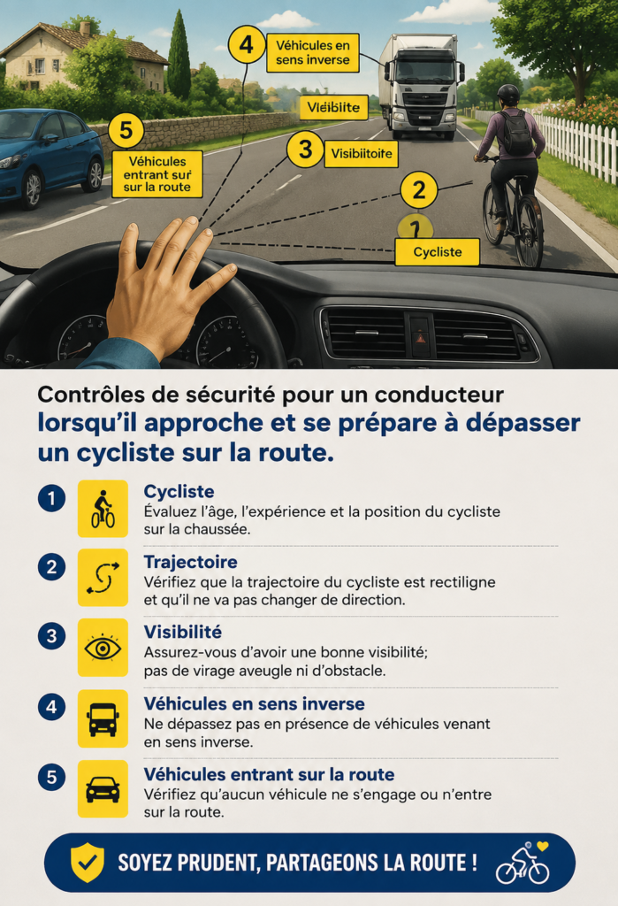Conducteur passant prudemment un cycliste sur la route
