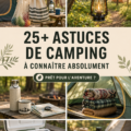 Une femme heureuse en train de dresser sa tente lors d'un camping en pleine nature.