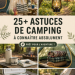 Une femme heureuse en train de dresser sa tente lors d'un camping en pleine nature.