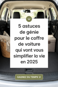 Coffre de voiture bien organisé avec des compartiments pratiques et des sacs de rangement.