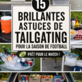 Femme heureuse en train de préparer un repas pour un tailgating de football.