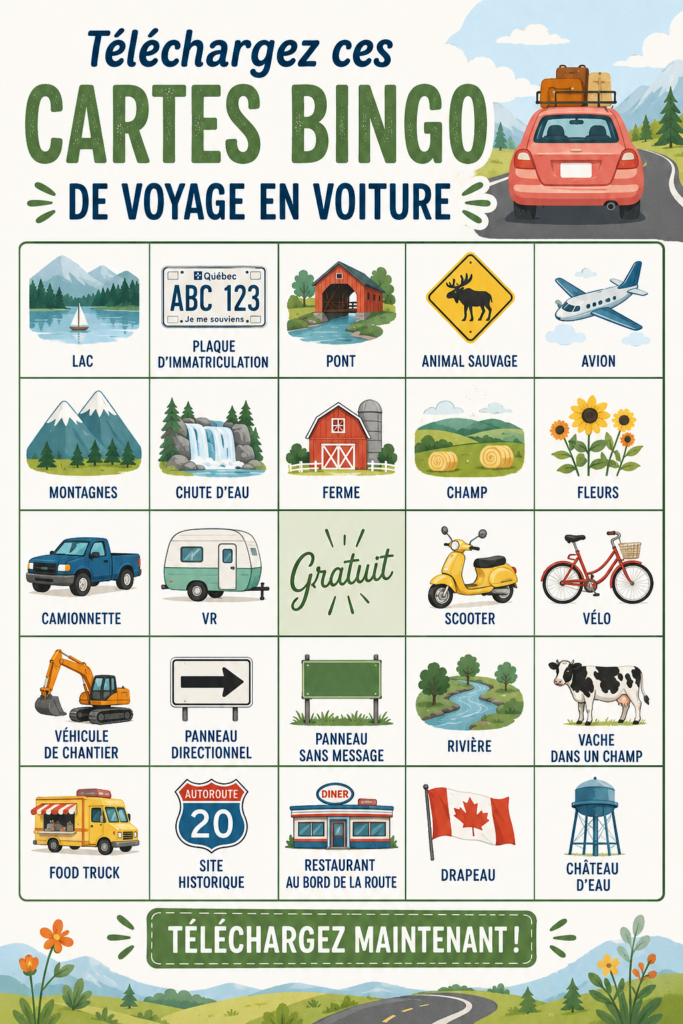 Cartes de bingo pour un trajet en voiture, à imprimer gratuitement et s'amuser en famille