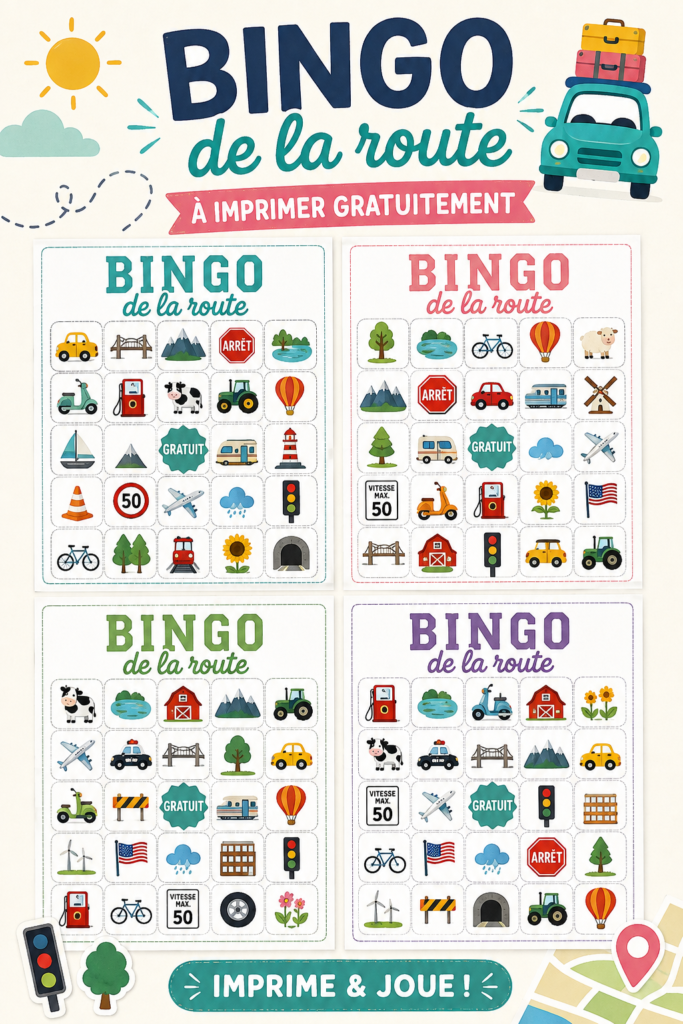 Un bingo voiture imprimable, idéal pour divertir les enfants pendant les trajets en voiture.