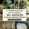 Une femme souriante se préparant pour une aventure de camping en voiture, entourée de son équipement.