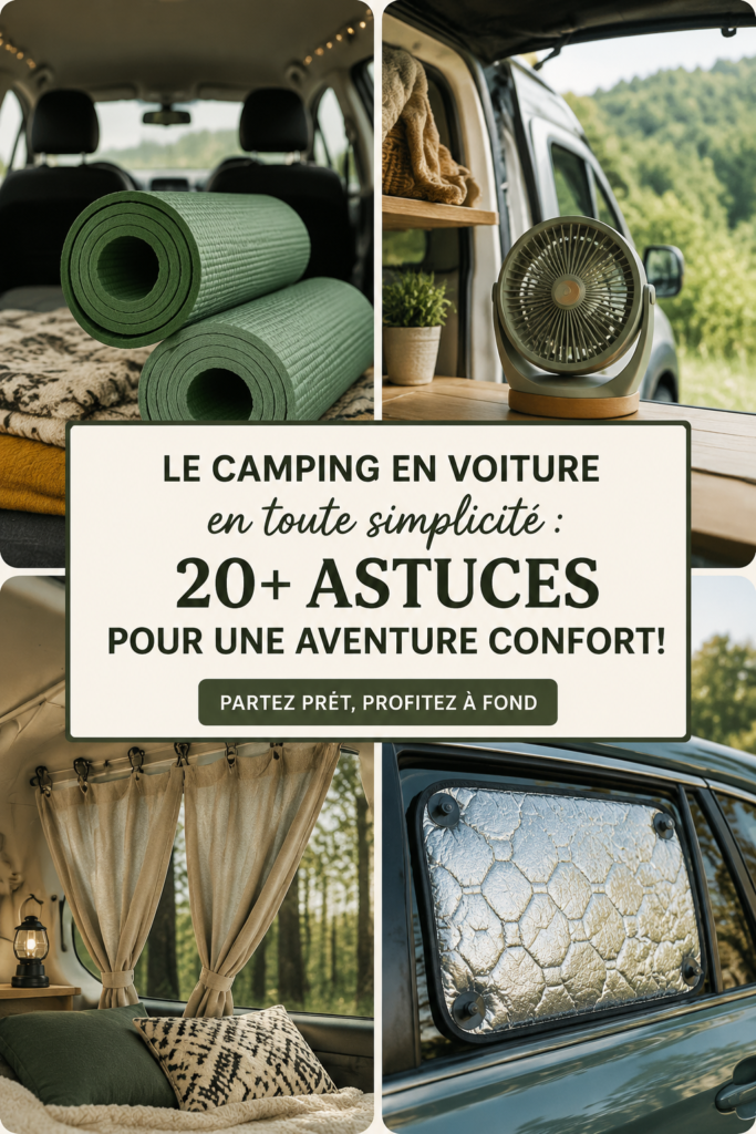 Une femme souriante se préparant pour une aventure de camping en voiture, entourée de son équipement.