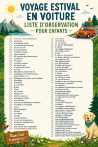 Une famille heureuse en voiture, prête pour un road trip d'été avec des jeux et activités pour enfants.