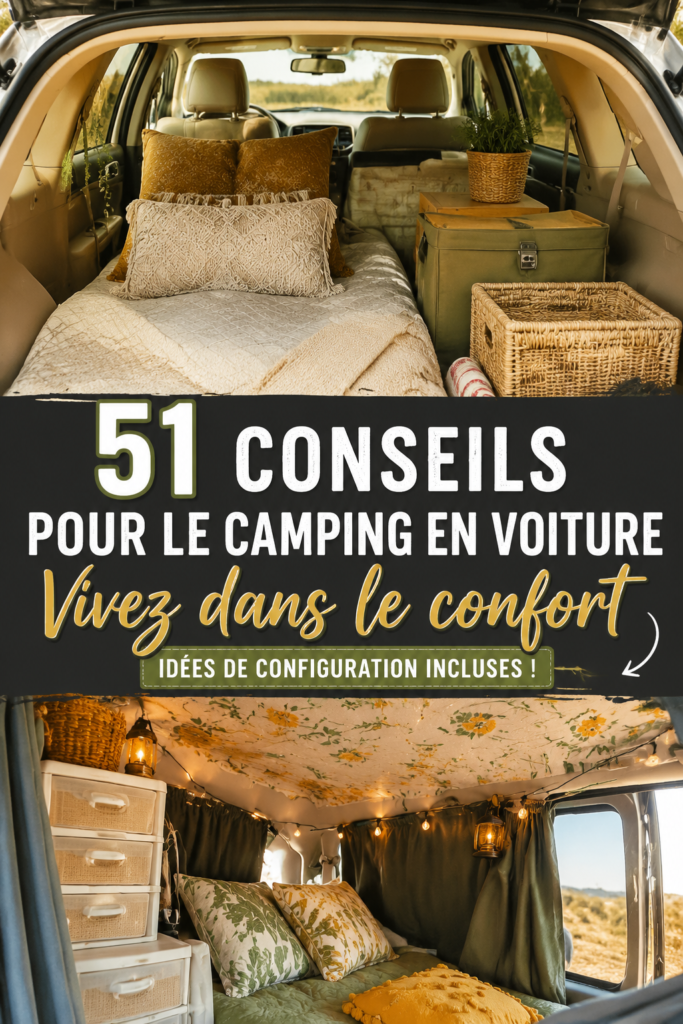 Femme préparant son véhicule pour un camping confortable