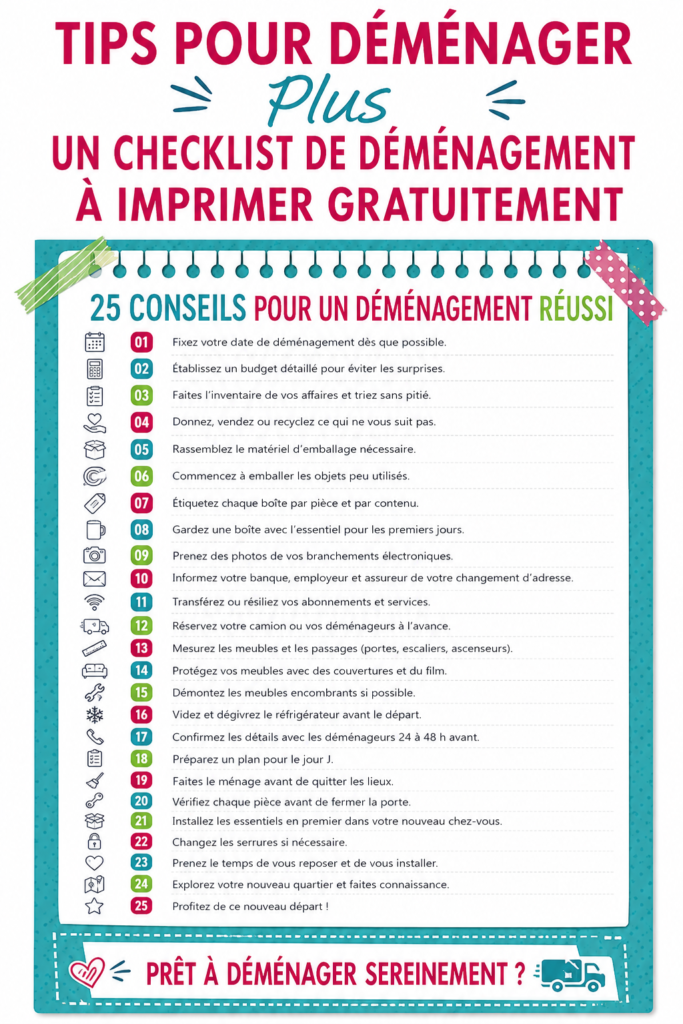 Une femme souriante consultante une checklist pendant son déménagement, avec des cartons autour d'elle.