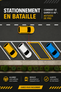 Femme souriante en train de se garer à 45 degrés dans un parking