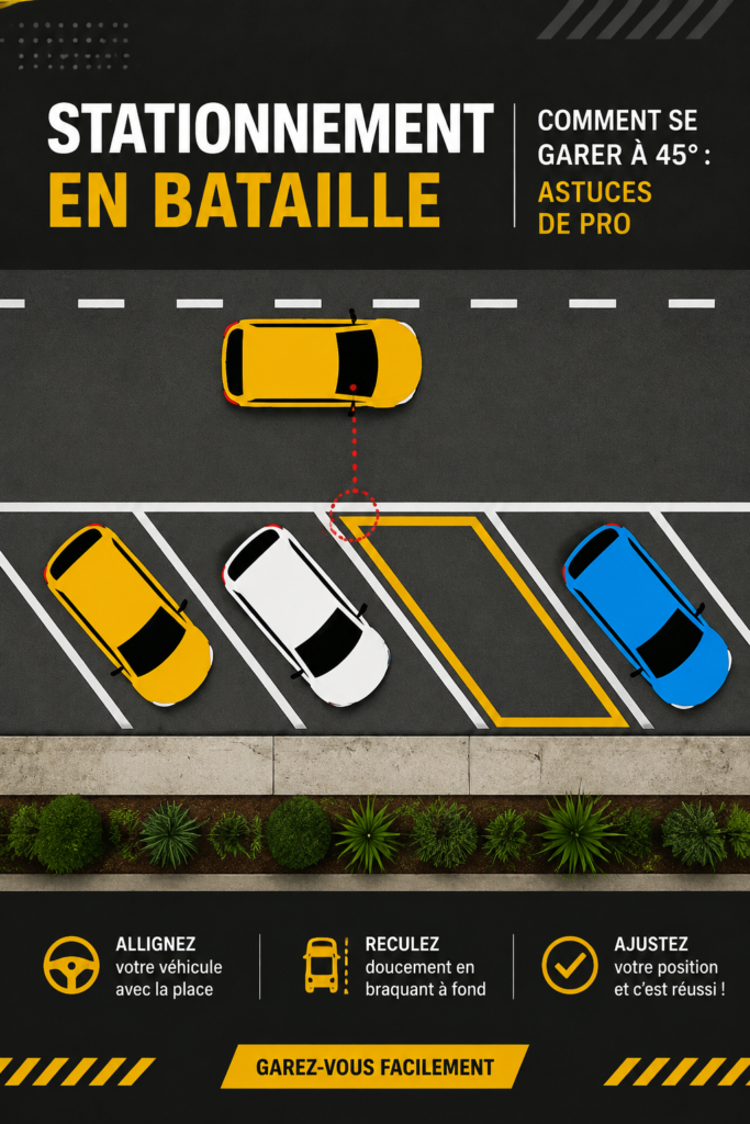 Femme souriante en train de se garer à 45 degrés dans un parking