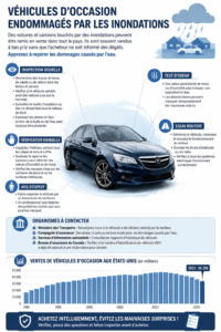 Voiture d'occasion avec une étiquette indiquant qu'elle n'a pas été touchée par les inondations.