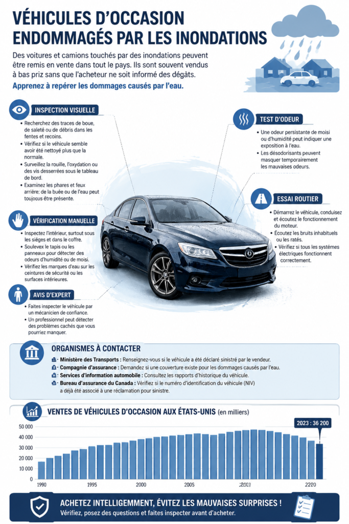 Voiture d'occasion avec une étiquette indiquant qu'elle n'a pas été touchée par les inondations.