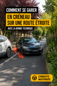 Une femme conduisant une voiture en train de réaliser un créneau sur une route étroite.