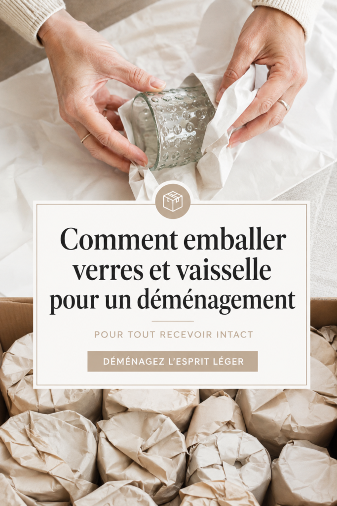 Déménagement : emballage sécurisé de verres et assiettes dans des cartons.