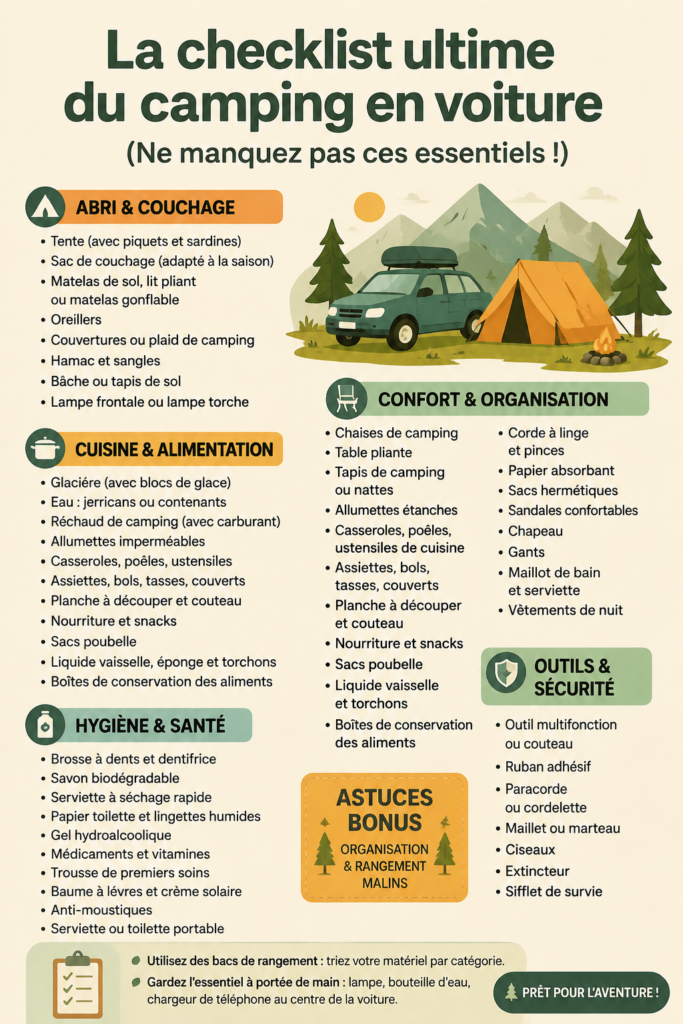 Femme préparant son véhicule pour un camping en voiture avec des éléments essentiels