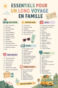 Une famille heureuse en train de profiter d'un road trip, avec des affaires de voyage dans leur voiture.