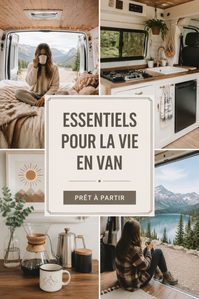 Aperçu d'un van aménagé avec des essentiels simples et pratiques pour la route.