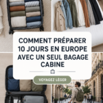 Une valise ouverte avec des vêtements bien pliés et un livre, prête pour un voyage de 10 jours en Europe.