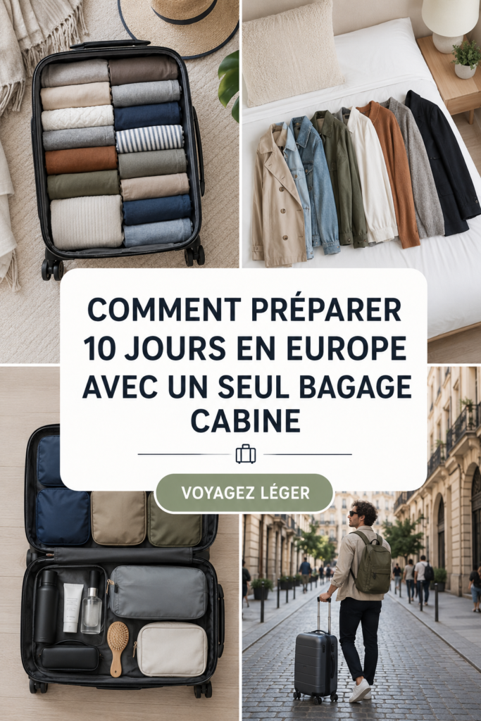 Une valise ouverte avec des vêtements bien pliés et un livre, prête pour un voyage de 10 jours en Europe.