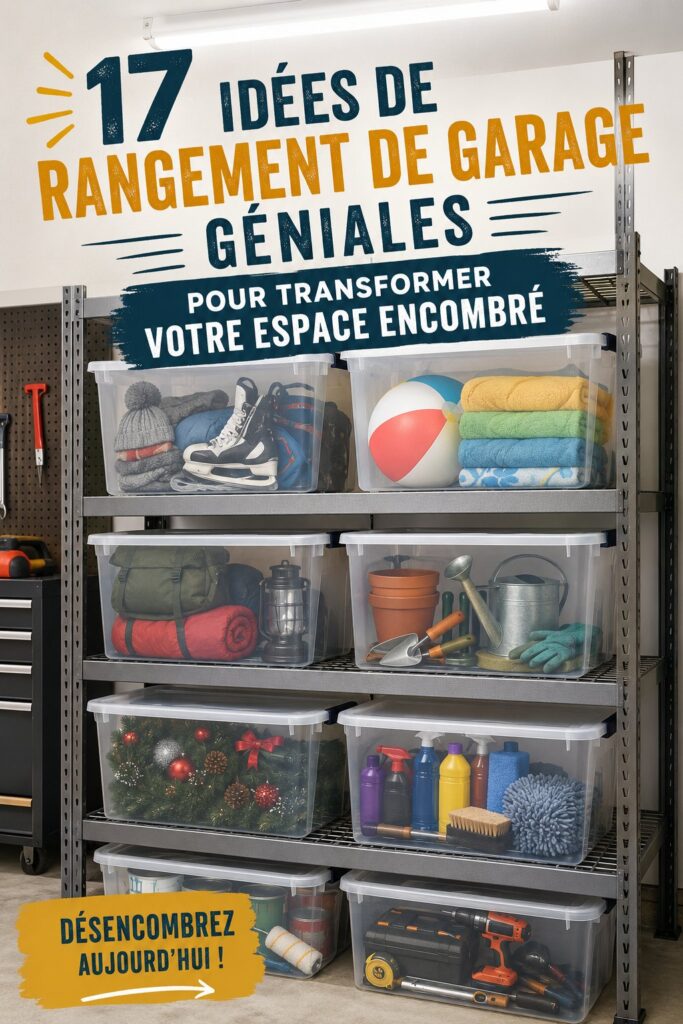 Un garage organisé avec des étagères et des bacs de rangement colorés pour un stockage efficace.