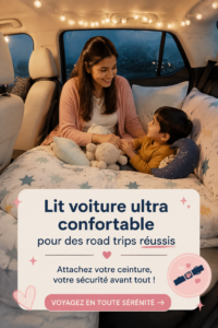 Lit de voiture confortable pour road trips, avec un aménagement pratique.