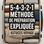 Femme appliquant la méthode 5-4-3-2-1 pour ranger ses bagages avant un voyage