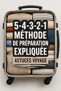 Femme appliquant la méthode 5-4-3-2-1 pour ranger ses bagages avant un voyage