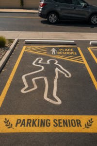 Image d'un emplacement de parking réservé pour seniors, avec une signalisation claire.