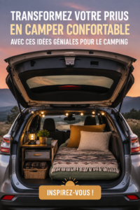 Une Prius aménagée pour le camping avec un intérieur cosy et accueillant.