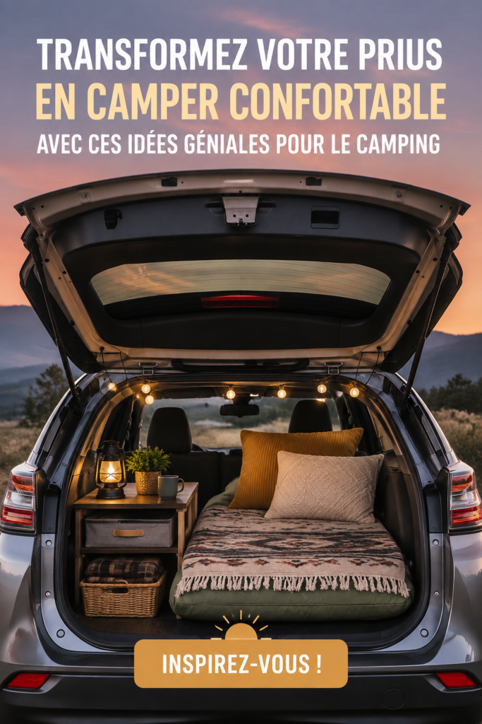 Une Prius aménagée pour le camping avec un intérieur cosy et accueillant.