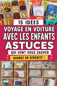 Une famille heureuse en road trip avec des enfants à l'arrière d'une voiture.
