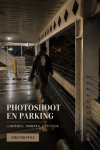 Séance photo en parking avec un véhicule bien garé et un éclairage flatteur.