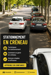 Femme au volant, apprenant les techniques de stationnement en bataille