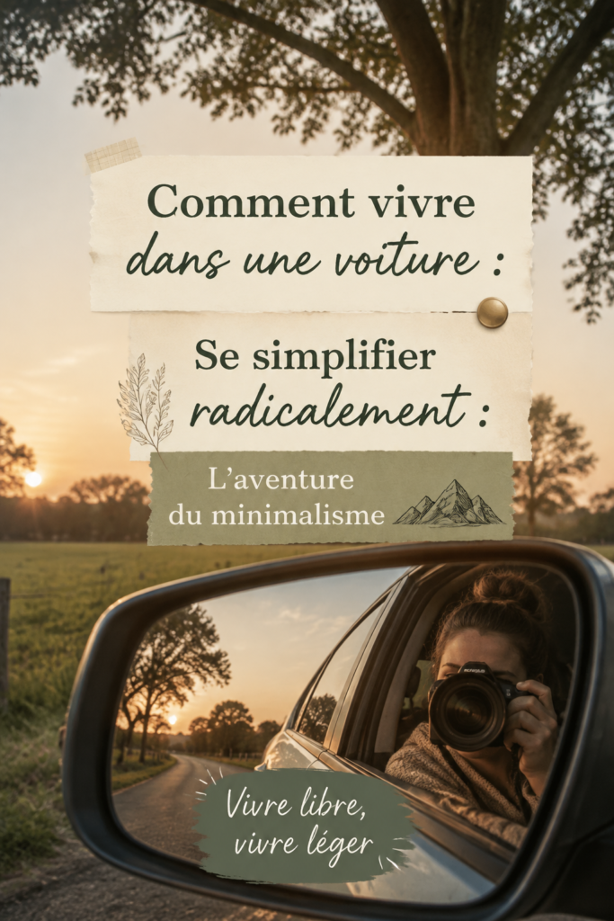 Une femme souriante assise dans sa voiture, entourée d'affaires soigneusement rangées, représentant la vie minimaliste.