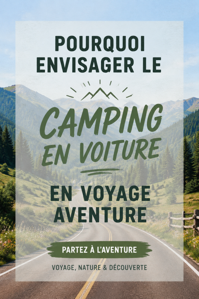 Image d'une femme souriante devant un camping-car en pleine nature, illustrant l'aventure du camping en voiture.