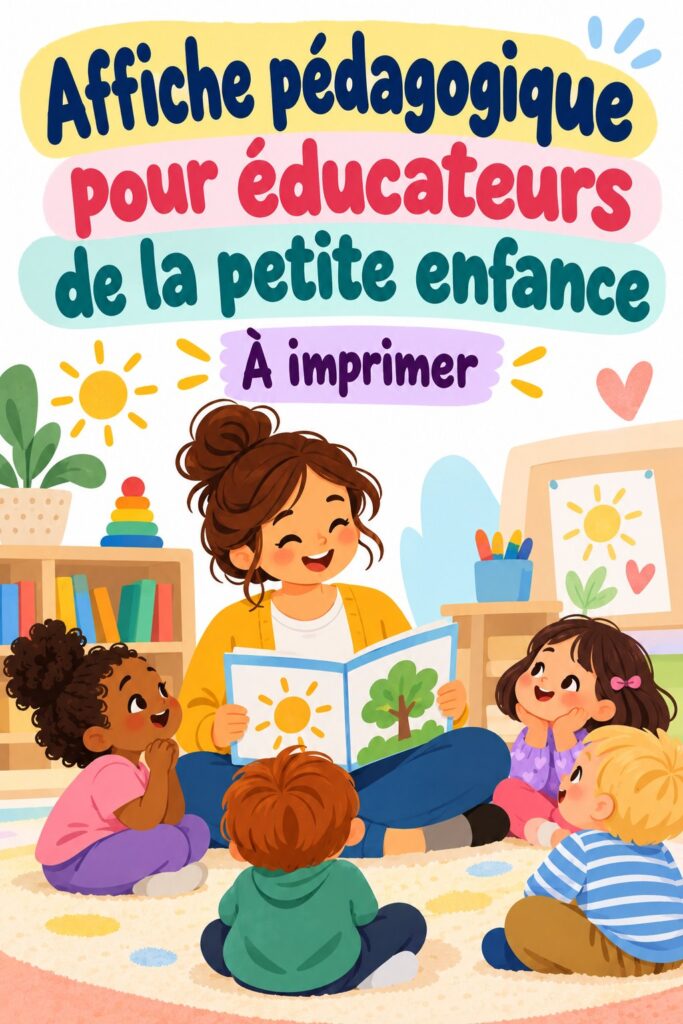 Affiche imprimable sur l'éducation et le soin des jeunes enfants, illustrée avec des couleurs vives.