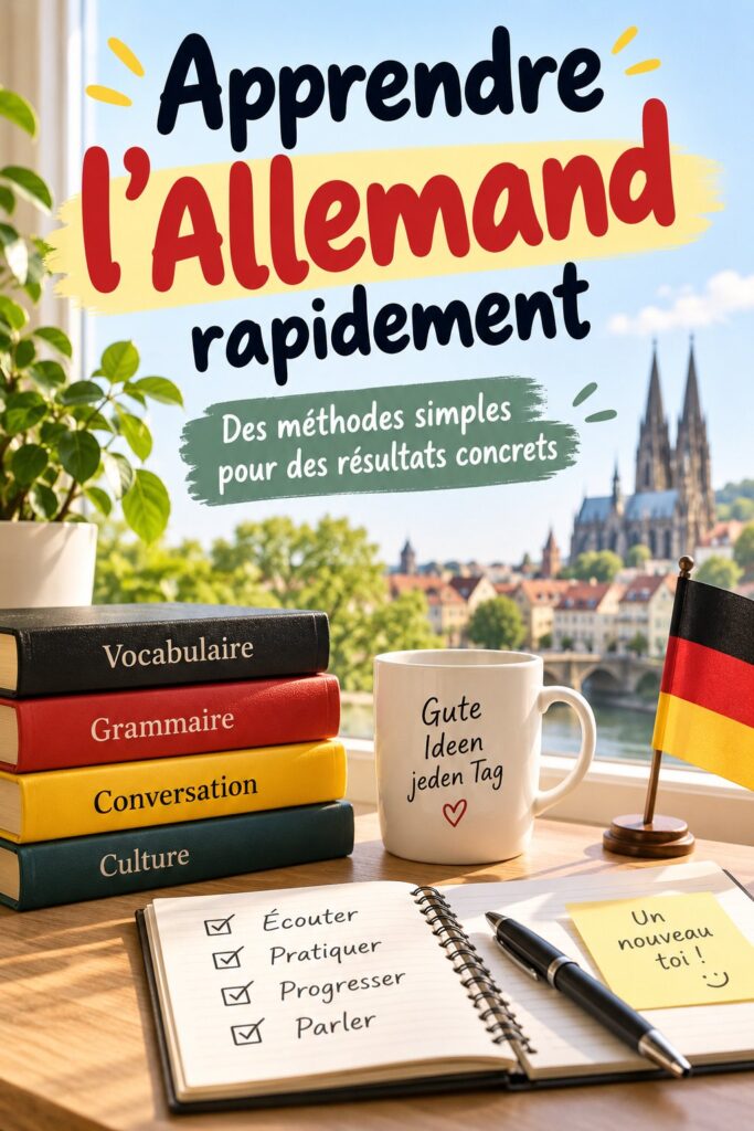 Femme apprenant l'allemand avec des livres et un ordinateur