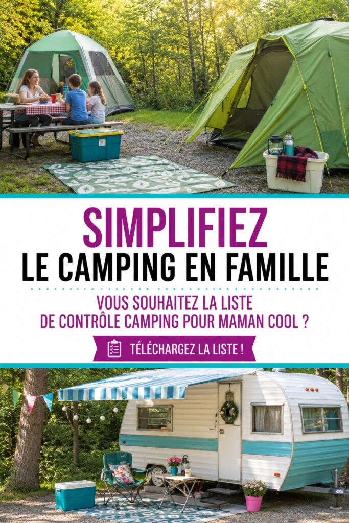 Une mère heureuse préparant son matériel pour le camping en famille.